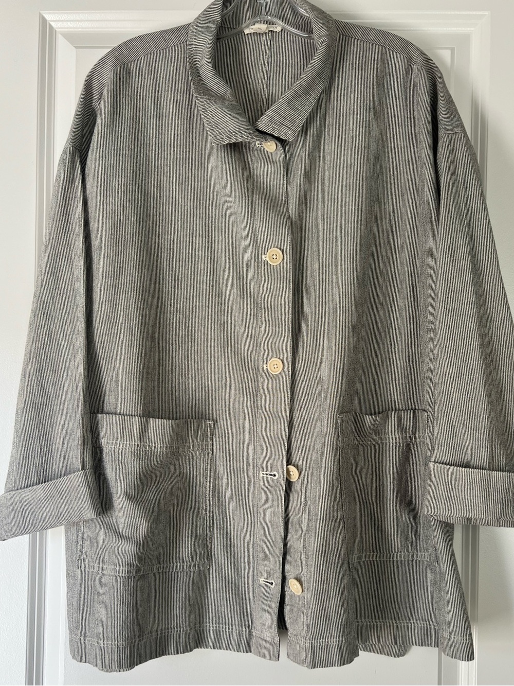 Eileen Fisher Lagenlook Stand Collar Striped Ticking Casual Button-Front Jacket